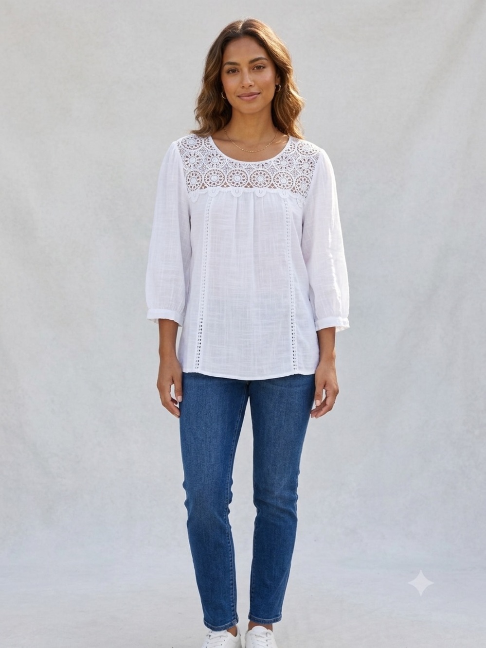 Women’s White Crochet Yoke Peasant Blouse
